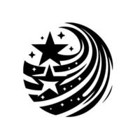 Black and white cosmic emblem with three large stars, orbiting streaks, and constellationlike details on a white backdrop, minimalist . vector