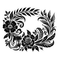 Black and White Floral Rectangular Frame Intricate Featuring Roses, Leaves, and Ornamental Elements. vector