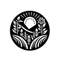 Black and white paper cut illustration of a stylized farm scene inside a circle, featuring a sun, crops, and a flower. vector