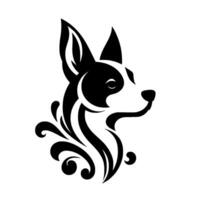 Elegant, stylized dog profile in black and white, featuring a flowing, ornamental around the neck and chest, set against a clean white background. vector