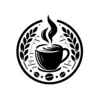 Monochromatic circular coffee featuring a steaming mug, surrounded by wheat stalks, coffee beans and a time indicator in minimalistic black and white style. vector