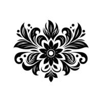 Symmetrical Black and White Floral with Stylized Leaves, Swirls, and Dots on a Clean White Background vector
