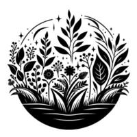 A stylized black and white circular illustration of a garden with flowers, leaves, and grass with stars in a nightlike sky. vector