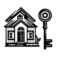Stylized BW Illustration of a House and Giant Key, Representing Home Ownership, Security, and Real Estate Concepts, Minimalist . vector