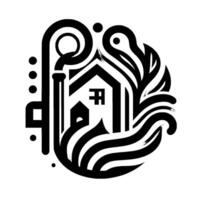 Monochromatic House Emblem Geometric House with chimney, foliage and abstract elements, black and white. vector