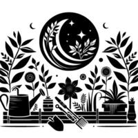 Black and white illustration of a moonlit garden scene, featuring plants, flowers, gardening tools, and a celestial celestial elements. vector