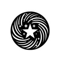 Abstract swirling galaxy with a central white star, surrounded by smaller stars and white dots, in a bold black and white composition. vector