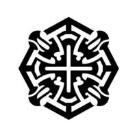 Black and white symmetrical geometric with an octagonal frame, featuring a crosslike central motif and intricate abstract patterns. vector