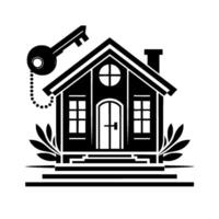 Stylized Black and White Illustration of a House with a Key, Conveying Homeownership and Real Estate Concepts. vector
