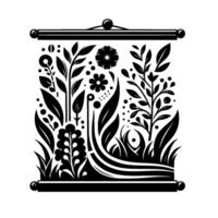 Intricate Black and White Botanical Scroll A stylized illustration of diverse floral and plant elements arranged within a framed, scrolllike composition. vector