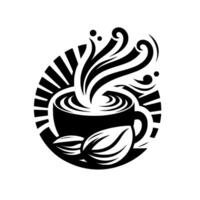 Black and White Coffee Cup with Steam and Coffee Beans Surrounded by a Circular Burst vector
