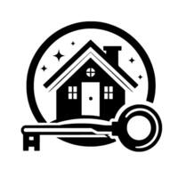 Black and white illustration of a house within a circle, with a key and star accents, symbolizing home ownership. vector