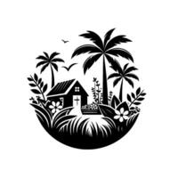Silhouette of a tropical house surrounded by palm trees, flowers, and foliage, enclosed in a circular frame with birds overhead. vector