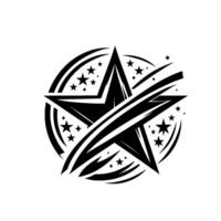 Bold Black and White Emblem A central star encircled by smaller stars and curved lines, set against a stark white background. vector