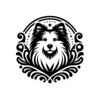 Smiling Collie Dog Emblem with Intricate Black and White Decorative Ornaments and Star, Minimalist Style. vector