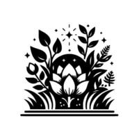 Monochromatic floral featuring a lotus blossom, surrounding greenery, stars, and circular backdrop, rendered in a clean, symmetrical style. vector