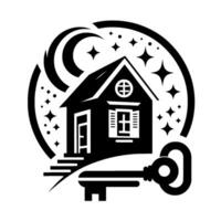 Whimsical Black and White Illustration Dreamy House at Night with Key, Crescent Moon, and Stars in a Circular Frame. vector