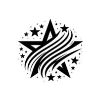 Bold Black and White Starburst with Flowing Lines and Surrounding Star Accents on White Background. vector