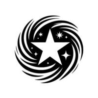 A Stellar Emblem White Star Enclosed by Swirling Black Energy with Accompanying Smaller Stars, Symbolic and Dynamic. vector