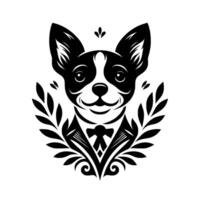 Formal Black and White Chihuahua Portrait with Laurel Wreath and Bowtie, Decorative and Elegant vector