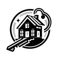 Black and White House Key A stylized illustration of a house integrated within a key , framed in a circle, symbolizing home ownership. vector