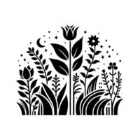 Monochromatic Floral Composition with Lunar Elements and Botanical Illustrations in a Symmetrical Arrangement, Reflecting Natures Serenity. vector