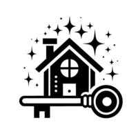 Black White Clean Home with Key, Sparkling Stars and a Modern, Simple . vector