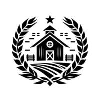 Black and White Farmhouse within a Laurel Wreath, Featuring a Star, Fields, and a Barn. vector
