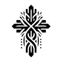 A symmetrical, black and white, stylized Christian cross , featuring intricate patterns and organic flowing elements, set against a pristine white background. vector