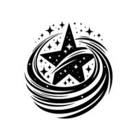 Black and white star with smaller star accents swirling around in a celestial , creating a cosmic effect. vector