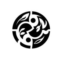 Black and White Circular Decorative Featuring Leaf and Circle Elements, Isolated on a White Background. vector