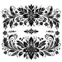 Intricate Black and White Floral Border Symmetrical with Leaves, Swirls, and Delicate Embellishments on White Background. vector
