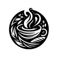 Intricate black and white illustration within a circular frame, featuring a steaming coffee cup encircled by stylized foliage and vapor. vector