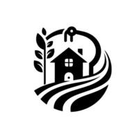 Black and white minimalist home with fields, a plant, and a circular element suggesting sustainability and nature. vector