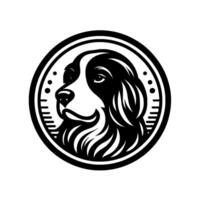 A stylized, black and white portrait of a Bernese Mountain Dogs head, contained within a circular emblem with decorative border elements. vector