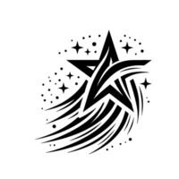 Black and white stylized shooting star with sharp lines, surrounding stars, and a modern aesthetic on a clean white background. vector