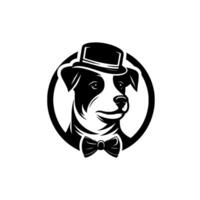 Elegant Dog Portrait A black and white featuring a sophisticated dog wearing a top hat and bow tie inside a circular frame. vector