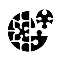 A stylized black and white depicting a fragmented puzzle, arranged in a semicircle, with two detached pieces. vector