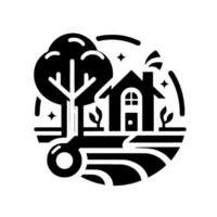 Black and White Minimalist Illustration of a House, Tree, and Field within a Circle, evoking Nature, Home, and Serenity. vector
