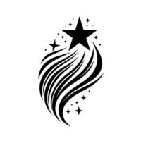 Black starburst with a large, fivepointed star, trailing stylized, curved lines, and scattered smaller stars against a clean, white background. vector