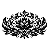 Symmetrical Black Floral Ornament with Intricate Details on White Background, a Stylized Lotus Motif with Decorative Swirls and Leaf Elements. vector
