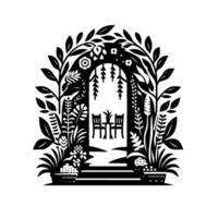 A symmetrical black and white garden gate illustration framed by lush foliage, leading to a table setting, evoking a serene and inviting atmosphere. vector