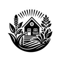 Black and White Farmhouse , Surrounded by Wheat, Field, and Plants, Symbol of Nature, Agriculture, and Simplicity. vector