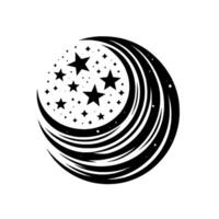 A stylized black and white circular featuring crescentshaped bands, filled with stars, diamonds, and other small celestial elements on a white background. vector