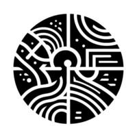 Bold Abstract Circular Composition Black and White Geometric with Lines, Arcs, Dots, and Shapes on White Background. vector