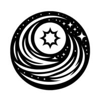 Intricate Celestial Vortex A Black and White Cosmic Emblem, Featuring a Central Star Burst, Swirling Energy, and Scattered Starfield, Representing a Galactic Dance. vector