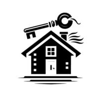 Black and white real estate featuring a house with a chimney and smoke, and a key with a rounded top above. vector