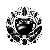 Monochromatic Coffee Cup and Leaf Motif A Circular, Stylized Illustration of Coffee, Embellished with Leaves, Beans, and Radial Lines. vector