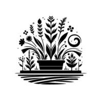 Stylized Black and White Garden Illustration A decorative potted plant arrangement featuring diverse botanical elements, surrounded by an abstract landscape, creating a harmonious composition. vector