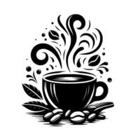 Artistic Black and White Illustration of Steaming Coffee Cup with Decorative Swirls, Coffee Beans, and Leaves, Representing Warmth and Aroma. vector